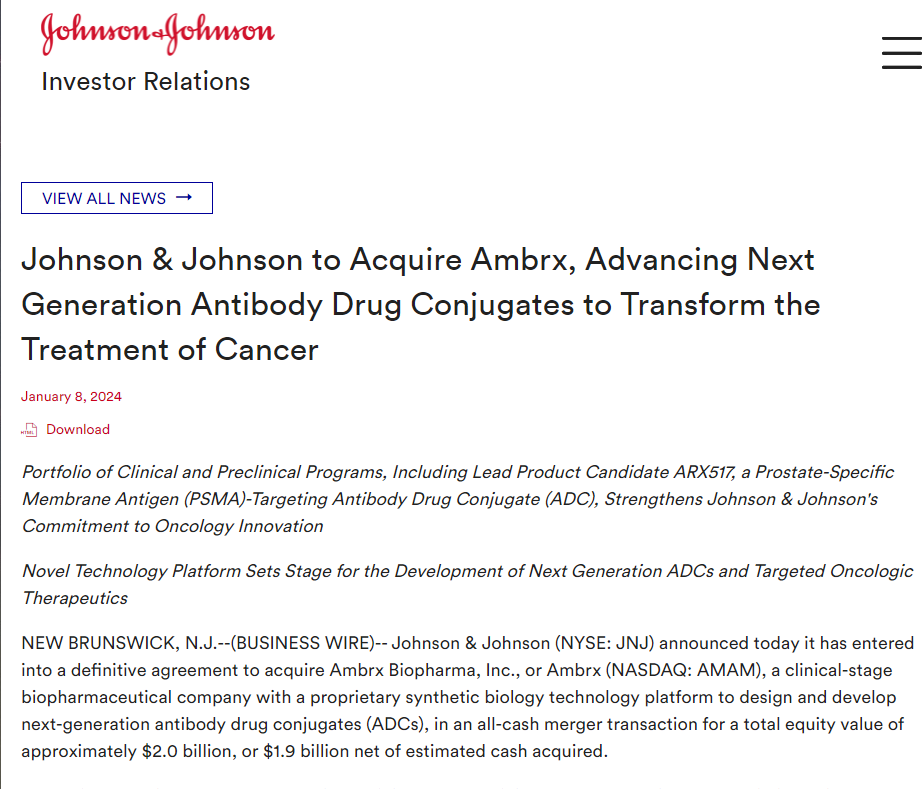 9博体育强生公司宣布已达成收购生物制药公司Ambrx的最终协议(图1)